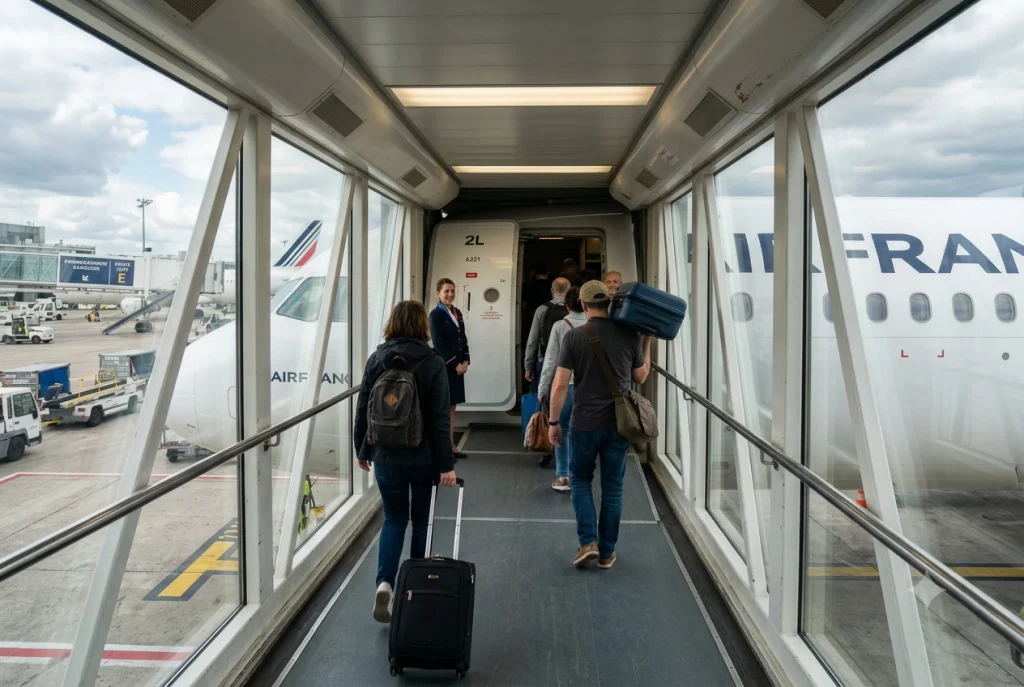 voyageur embarque dans un avion airfrance avec leur bagage cabine
