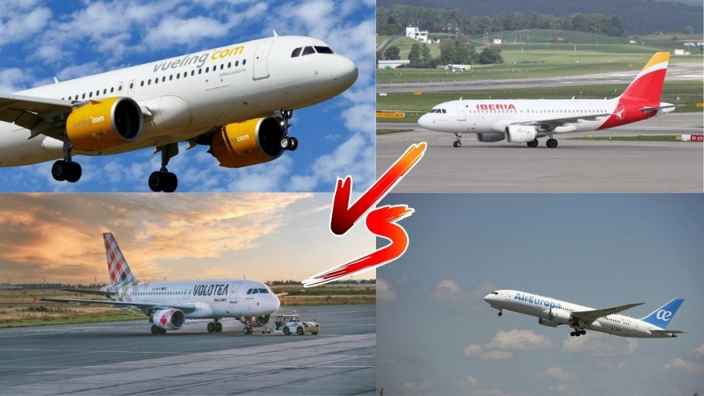 image de quatre avions dans l'aéroport qui represente les meilleures compagnies aériennes d'espagne