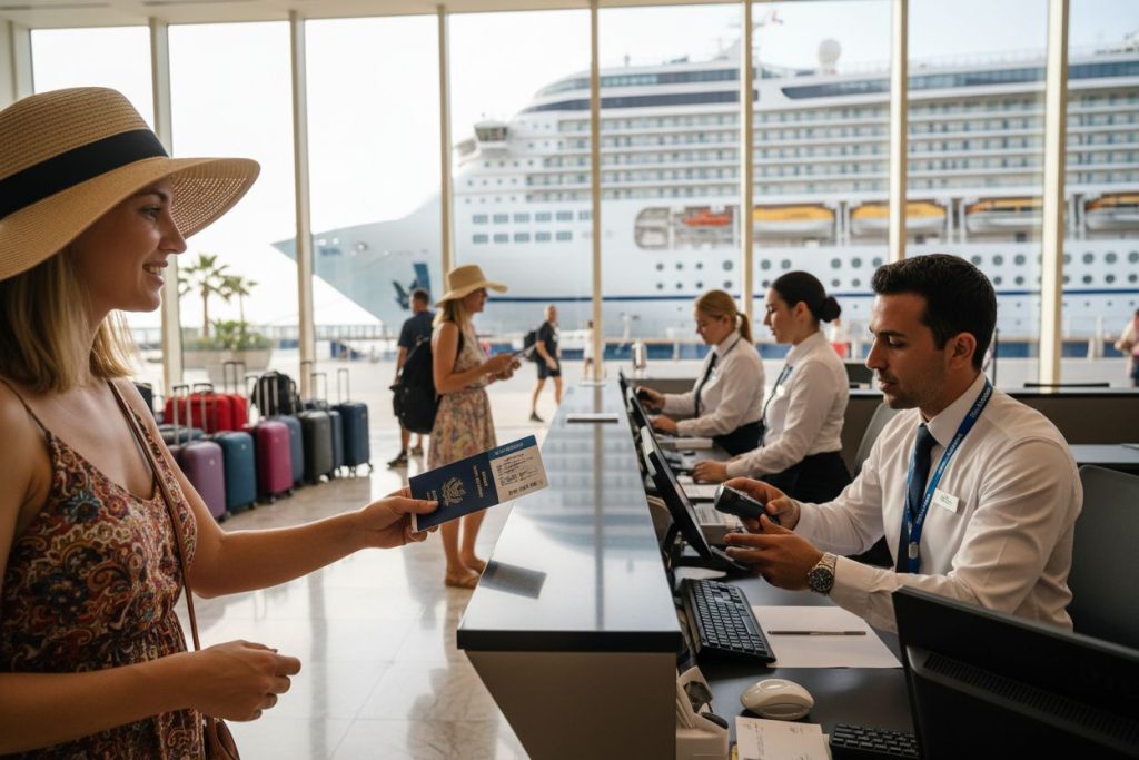 photo d'un comptoir d'enregistrement avec des passagers et personnels dans un aéroport pour voyager