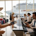 photo d'un comptoir d'enregistrement avec des passagers et personnels dans un aéroport pour voyager