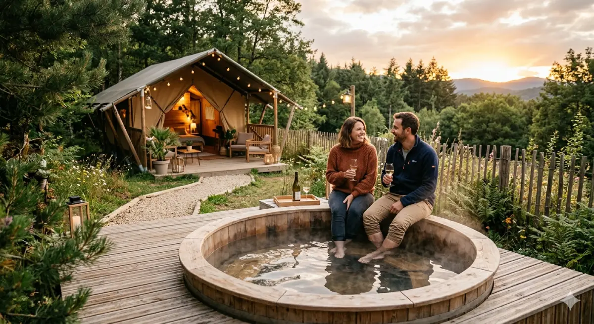 image démontrant un couple dans un séjour en camping profitant du calme dans leur spa privatisé