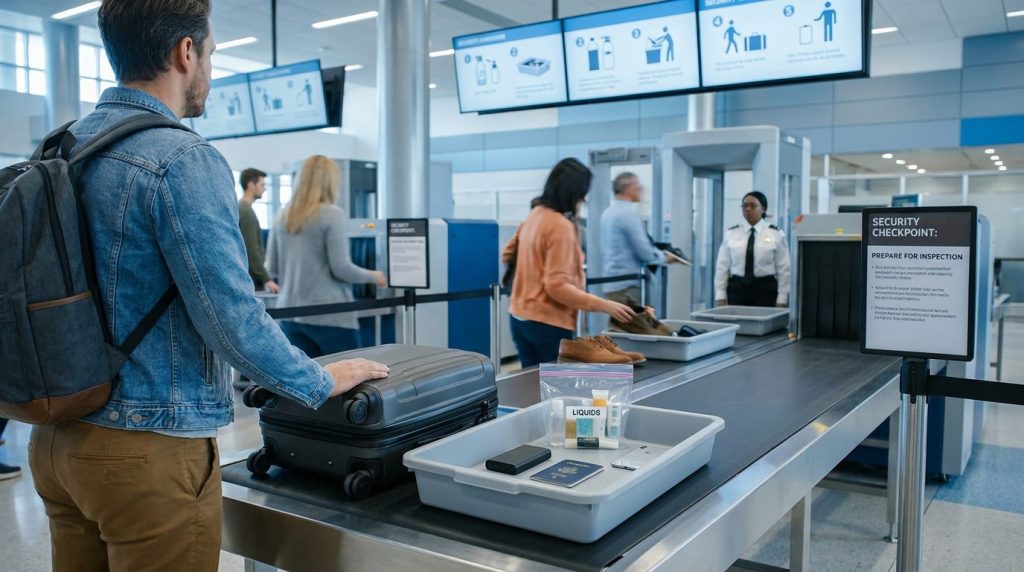 Un voyageur dépose ses affaires dans un bac de sécurité à l'aéroport avant de passer sous le portique de détection.