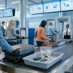 Un voyageur dépose ses affaires dans un bac de sécurité à l'aéroport avant de passer sous le portique de détection.