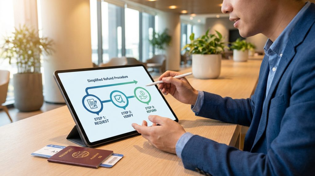 Un homme en costume utilise une tablette pour suivre les étapes de remboursement d'un vol annulé avec son passeport.