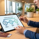 Un homme en costume utilise une tablette pour suivre les étapes de remboursement d'un vol annulé avec son passeport.