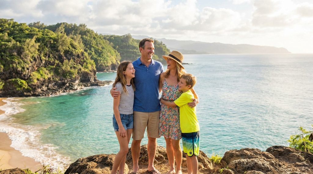 Une famille souriante profite d'une vue panoramique sur une plage tropicale au coucher du soleil.