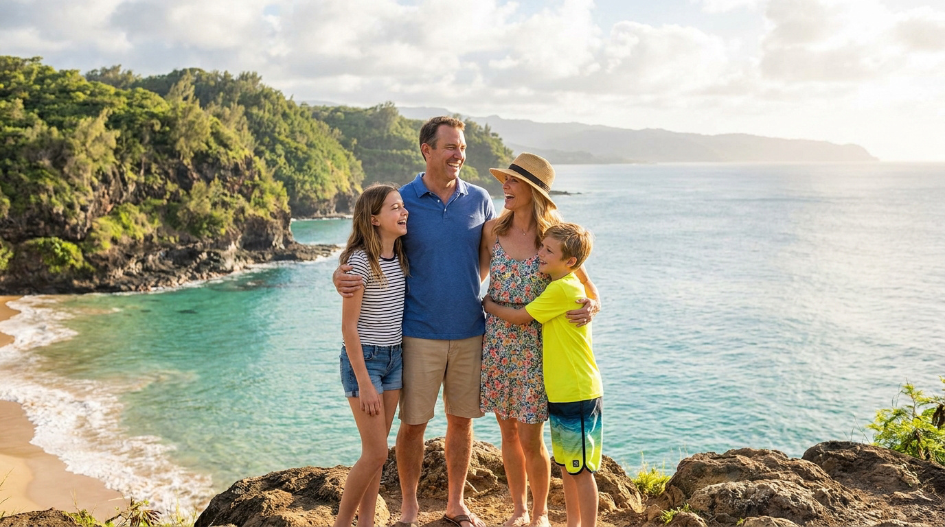Une famille souriante profite d'une vue panoramique sur une plage tropicale au coucher du soleil.