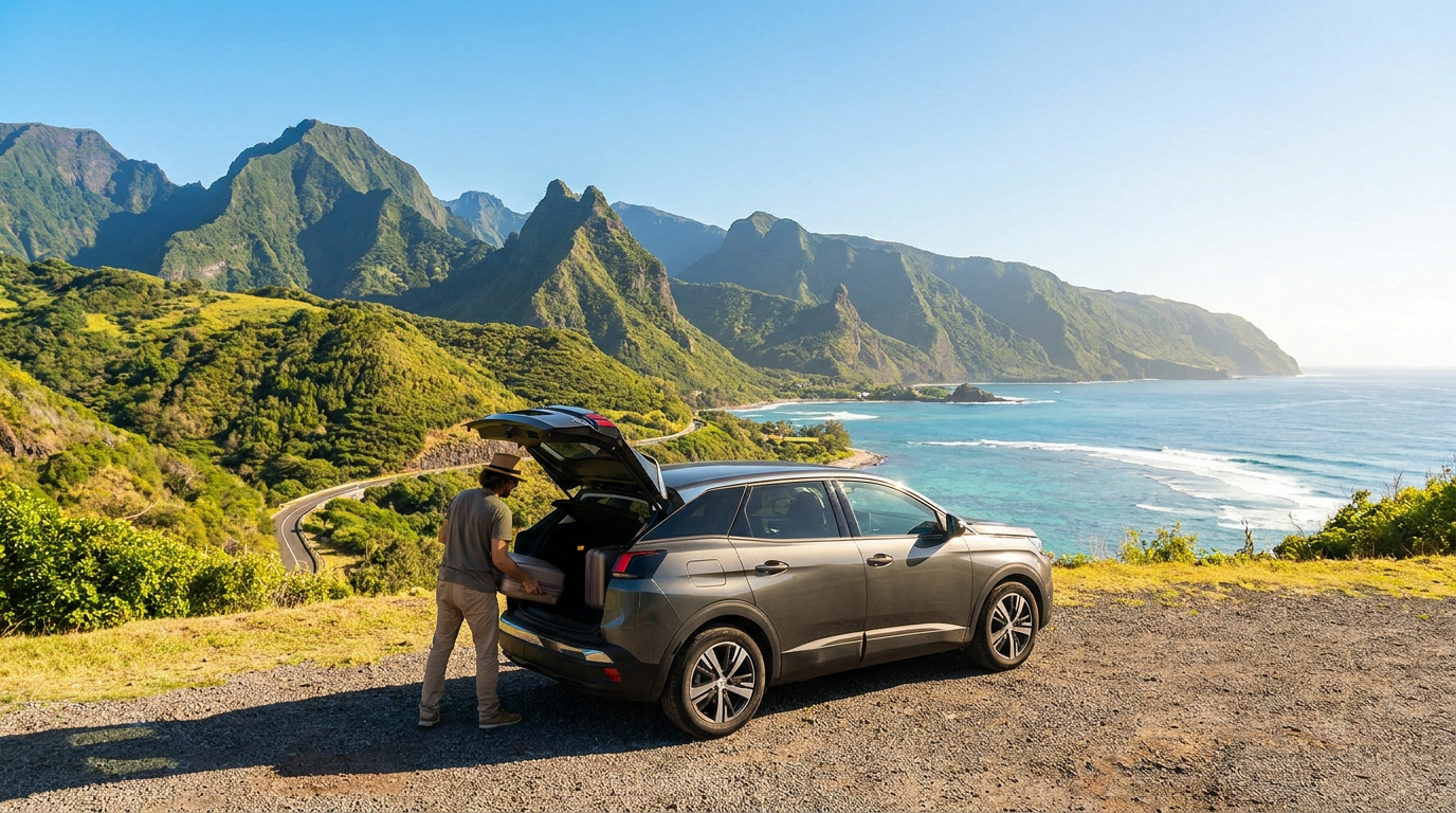 Un voyageur charge ses bagages dans une voiture de location face à un paysage côtier montagneux à la Réunion.
