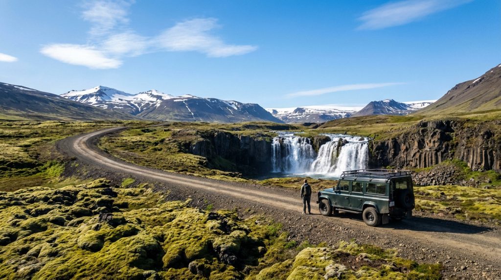 Un aventurier debout à côté d'un 4x4 vert devant une cascade islandaise au pied des montagnes enneigées.