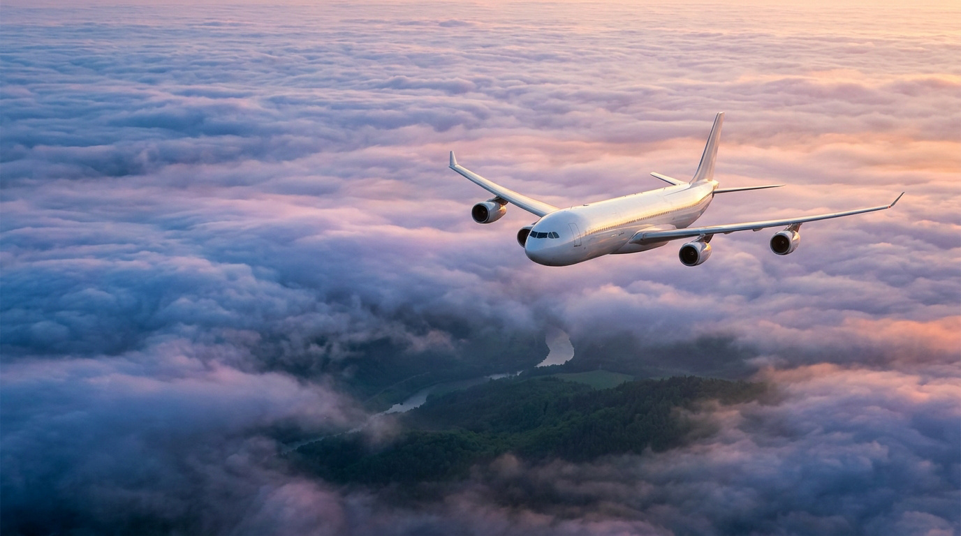 Avion de ligne volant au-dessus d'une mer de nuages au coucher du soleil.