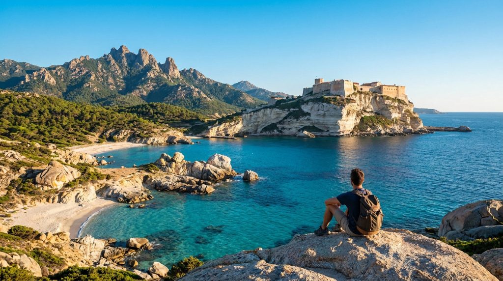 Un voyageur avec un sac à dos contemple Bonifacio et ses falaises surplombant la mer Méditerranée.