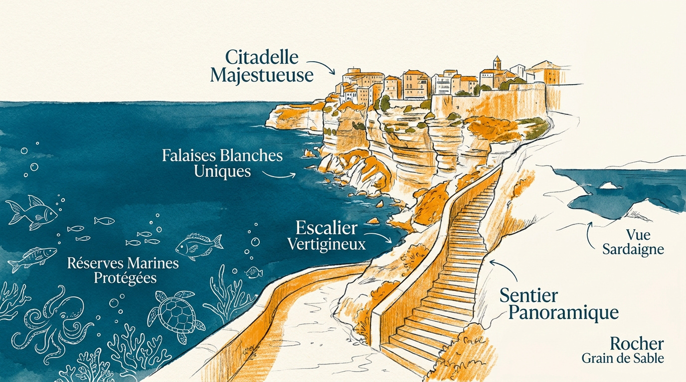 Vue panoramique sur la citadelle de Bonifacio et les falaises de calcaire blanc dominant la mer Méditerranée