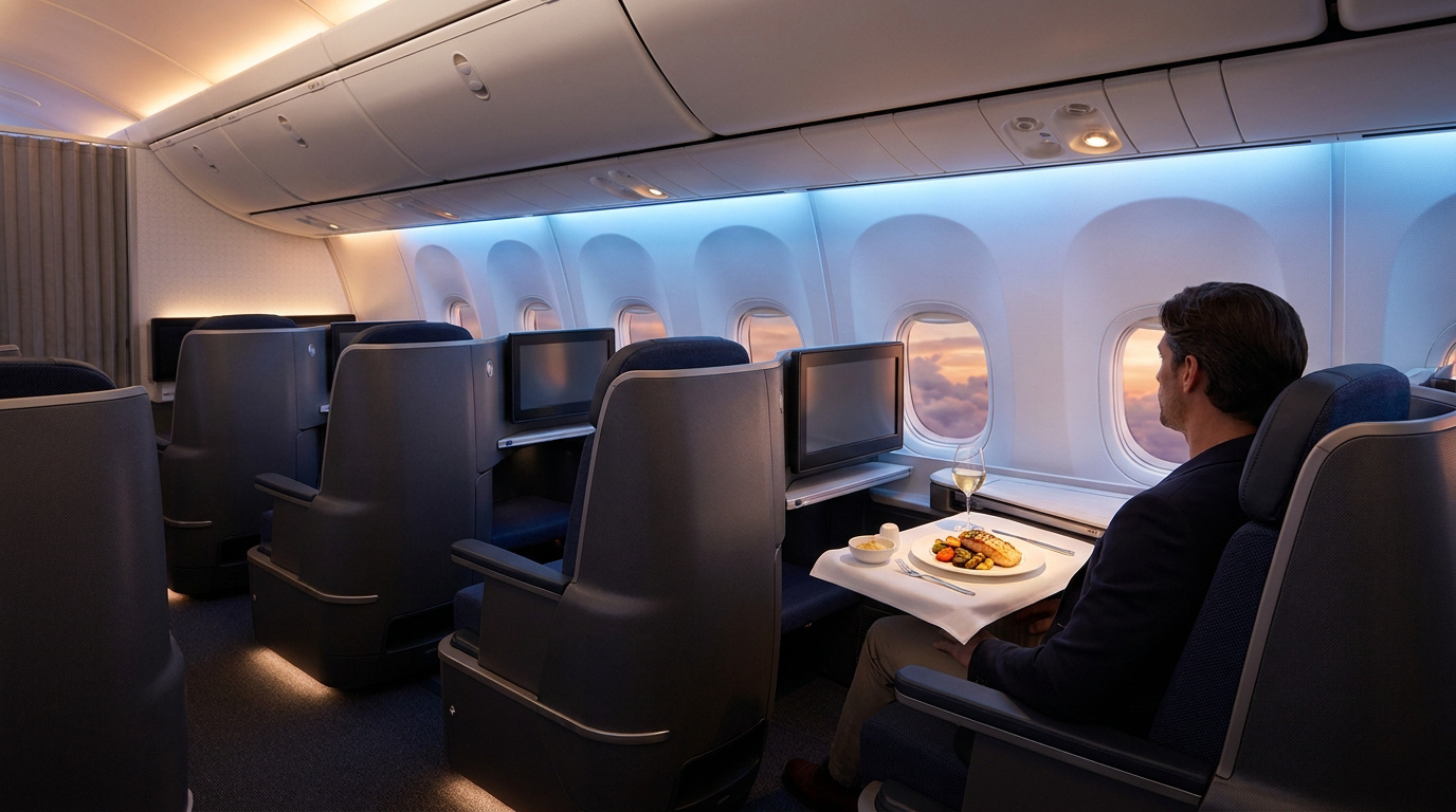 Passager dînant à son siège en classe Affaires Air France avec une vue sur le coucher de soleil par le hublot.