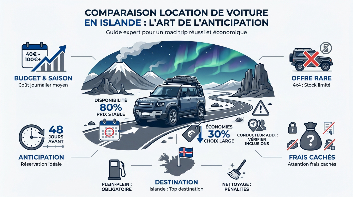 Comparatif de location de voiture en Islande avec vue sur un 4x4 et un paysage volcanique