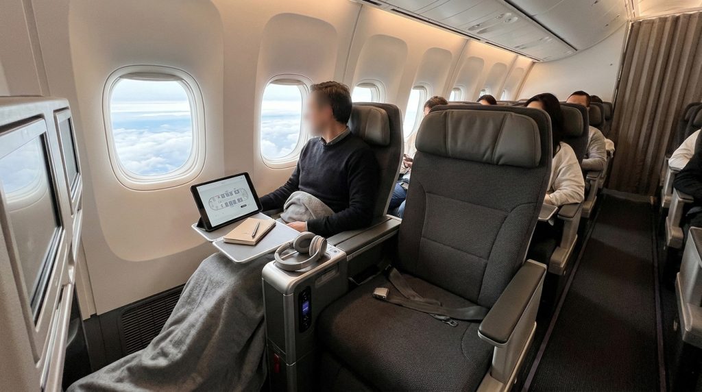 Un passager assis près du hublot dans un avion regarde le plan de cabine sur une tablette pour choisir sa place.