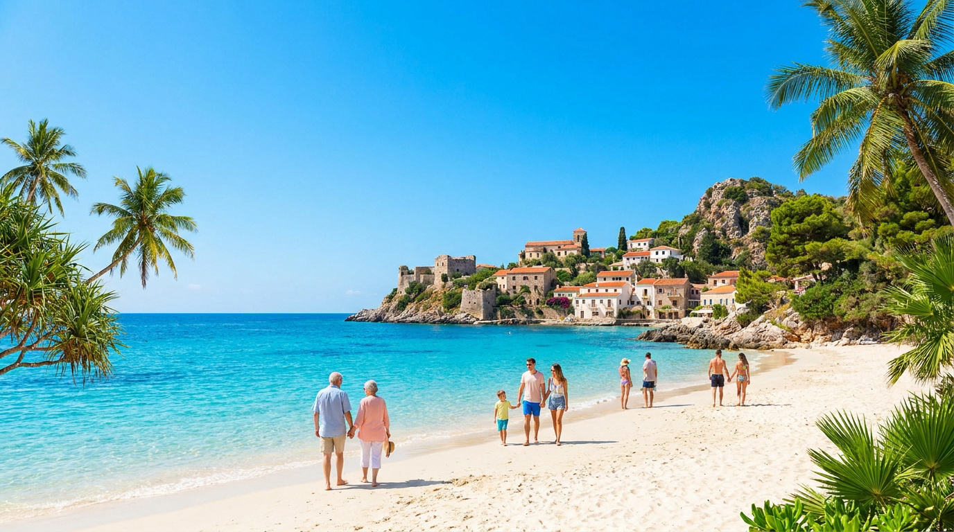 Famille et vacanciers marchant sur une plage de sable blanc au pied d'un village historique en Méditerranée.