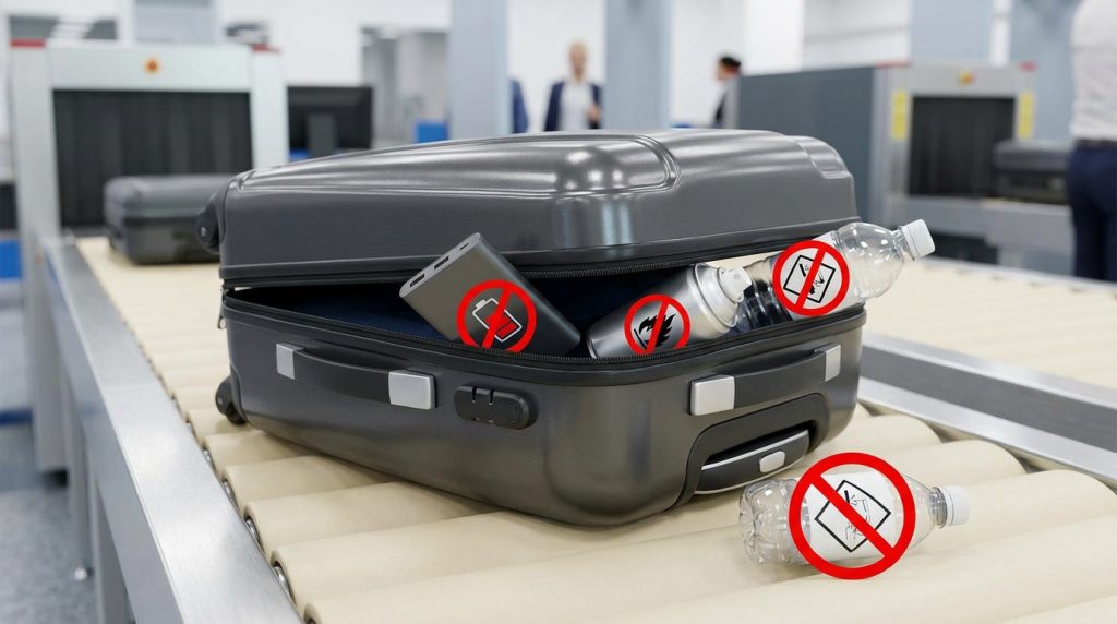 Valise ouverte sur un tapis roulant d'aéroport avec des symboles d'interdiction sur une batterie, un aérosol et de l'eau.