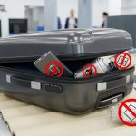 Valise ouverte sur un tapis roulant d'aéroport avec des symboles d'interdiction sur une batterie, un aérosol et de l'eau.