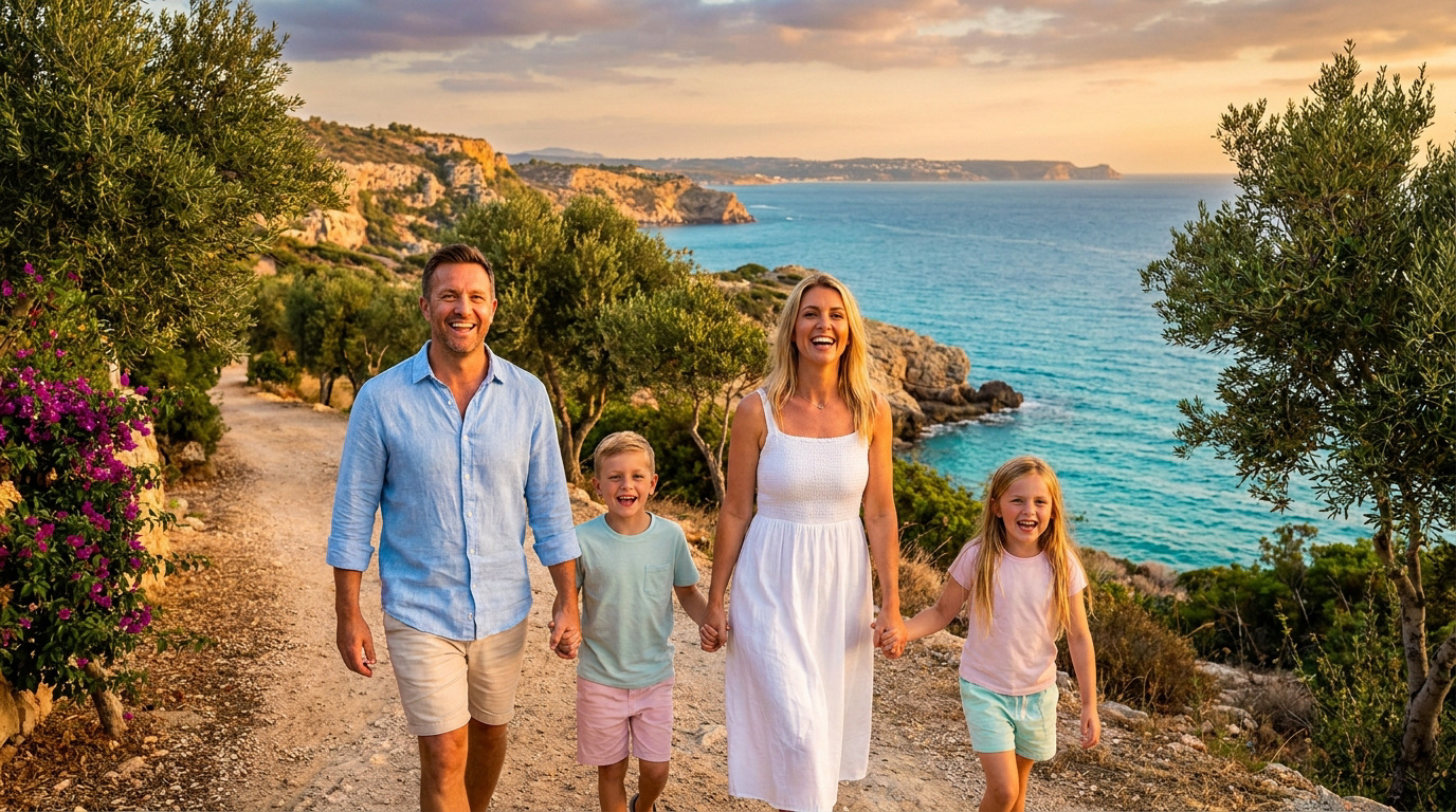 Une famille heureuse se promène sur un chemin côtier au coucher du soleil, avec la mer en arrière-plan.