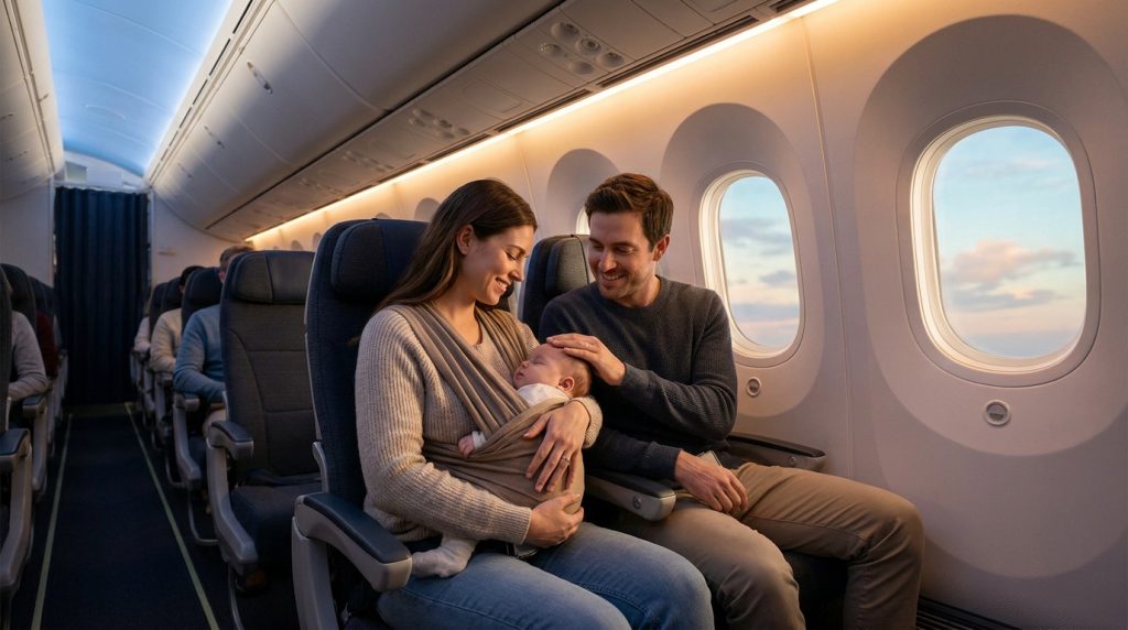 Jeunes parents souriants voyageant en avion avec leur bébé endormi dans un porte-bébé.
