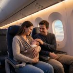 Jeunes parents souriants voyageant en avion avec leur bébé endormi dans un porte-bébé.