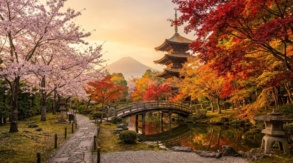 Pagode japonaise avec pont en arc, entourée de cerisiers en fleurs et d'érables aux couleurs d'automne, mont Fuji au fond.