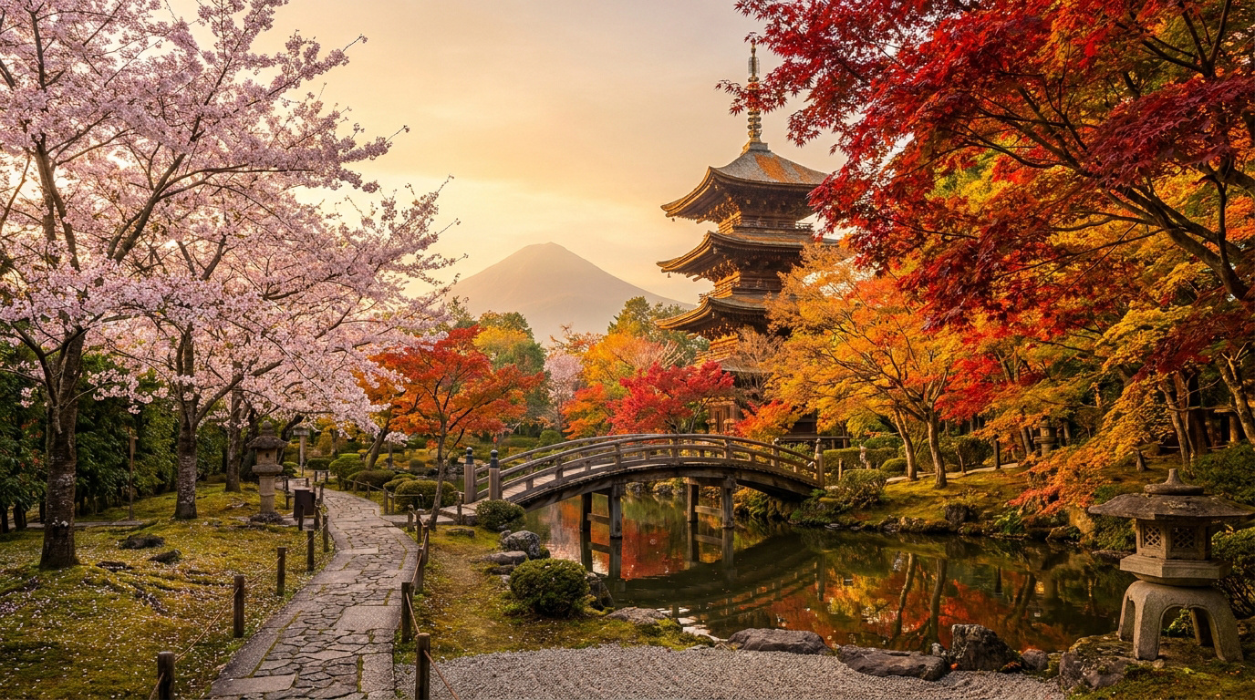 Pagode japonaise avec pont en arc, entourée de cerisiers en fleurs et d'érables aux couleurs d'automne, mont Fuji au fond.