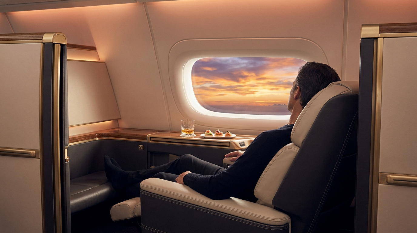 Un passager détendu dans un siège de classe affaires Qatar Airways avec vue sur un coucher de soleil.