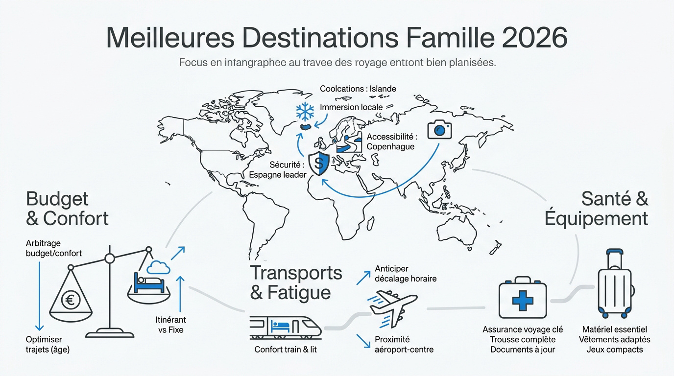 Famille heureuse en vacances sur une plage ensoleillée en 2026