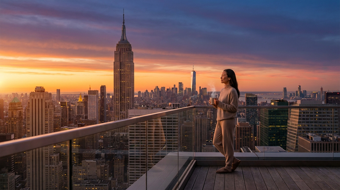 Une femme détendue sur un balcon avec vue sur New York au lever du soleil, tenant une tasse fumante.