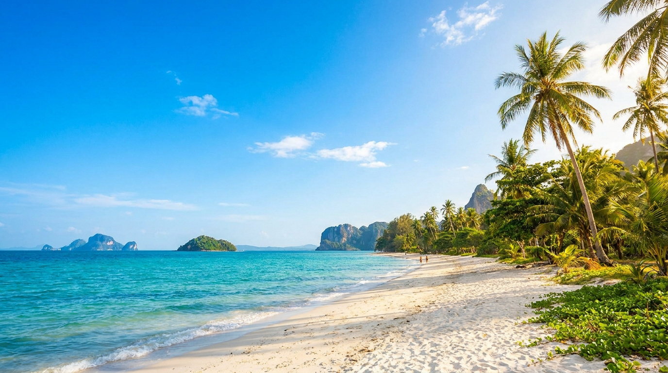 Plage de sable blanc bordée de cocotiers avec une mer turquoise et des îles rocheuses au loin en Thaïlande.