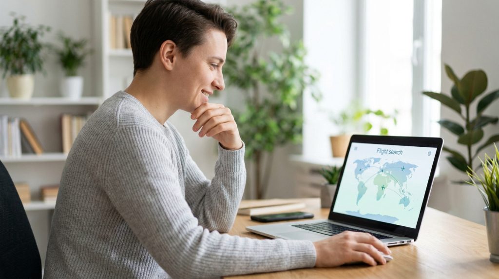 Personne souriante utilisant un ordinateur portable pour rechercher des vols sur une carte du monde.