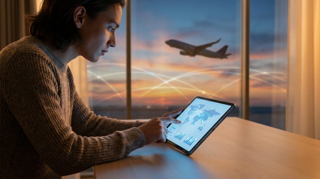 Jeune homme utilisant une tablette pour réserver un vol avec une carte interactive devant une fenêtre avec un avion.