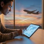 Jeune homme utilisant une tablette pour réserver un vol avec une carte interactive devant une fenêtre avec un avion.