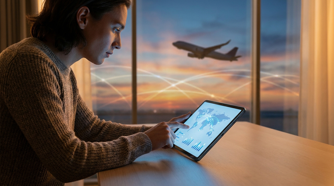 Jeune homme utilisant une tablette pour réserver un vol avec une carte interactive devant une fenêtre avec un avion.