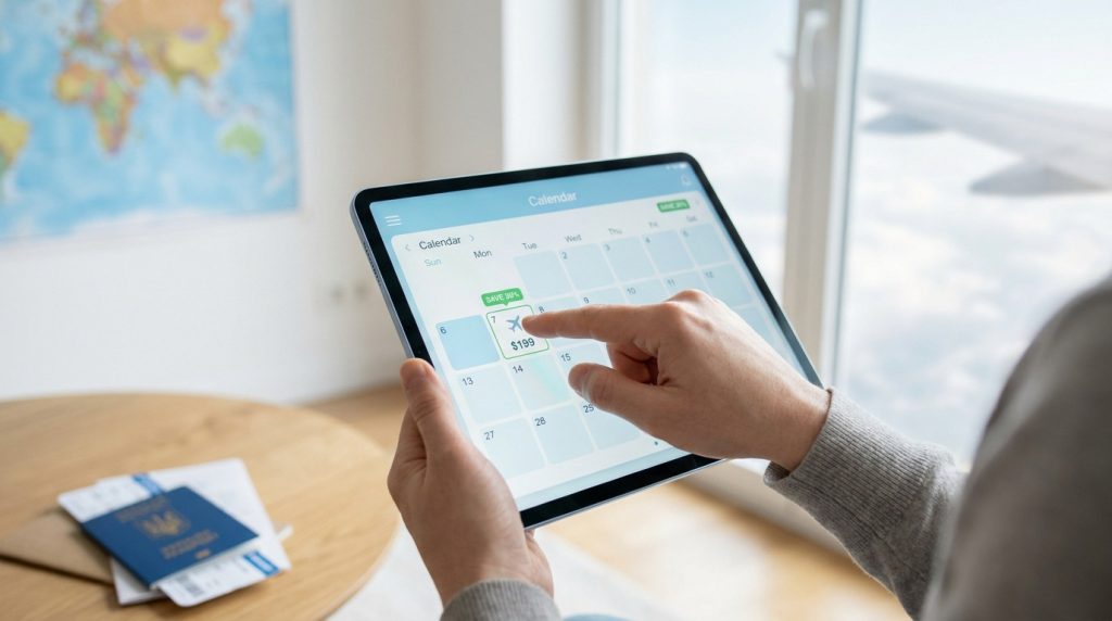 Personne utilisant une tablette pour réserver un vol sur un calendrier avec une réduction de 30% affichée.