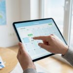 Personne utilisant une tablette pour réserver un vol sur un calendrier avec une réduction de 30% affichée.