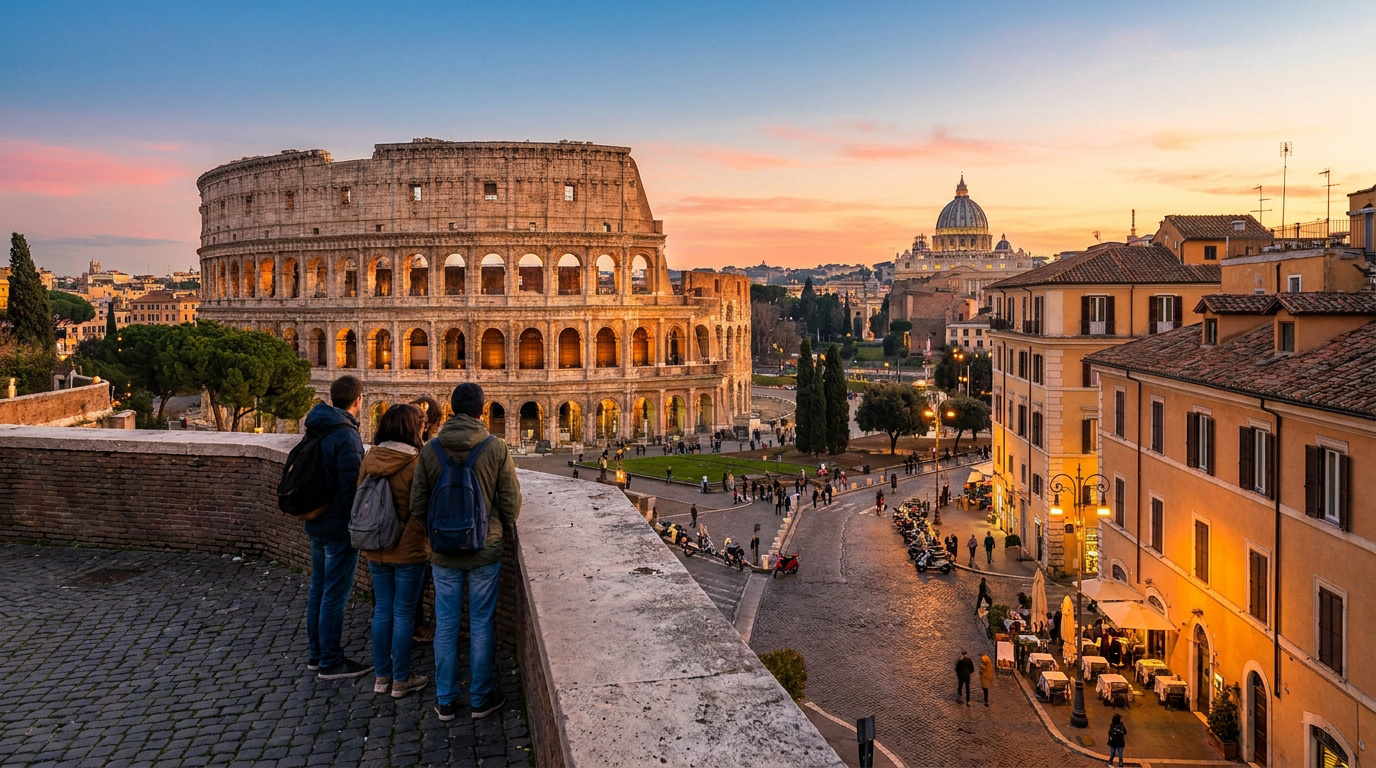 Des touristes contemplent le Colisée et Rome au coucher du soleil.