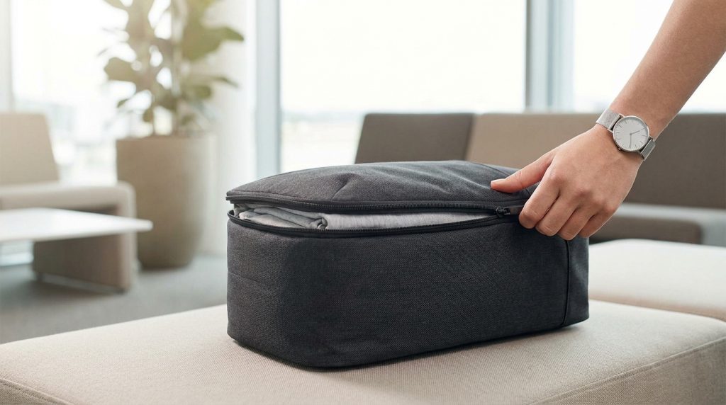 Une main ferme la fermeture éclair d'un sac de voyage gris foncé sur un banc dans un hall d'aéroport lumineux.