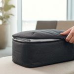 Une main ferme la fermeture éclair d'un sac de voyage gris foncé sur un banc dans un hall d'aéroport lumineux.