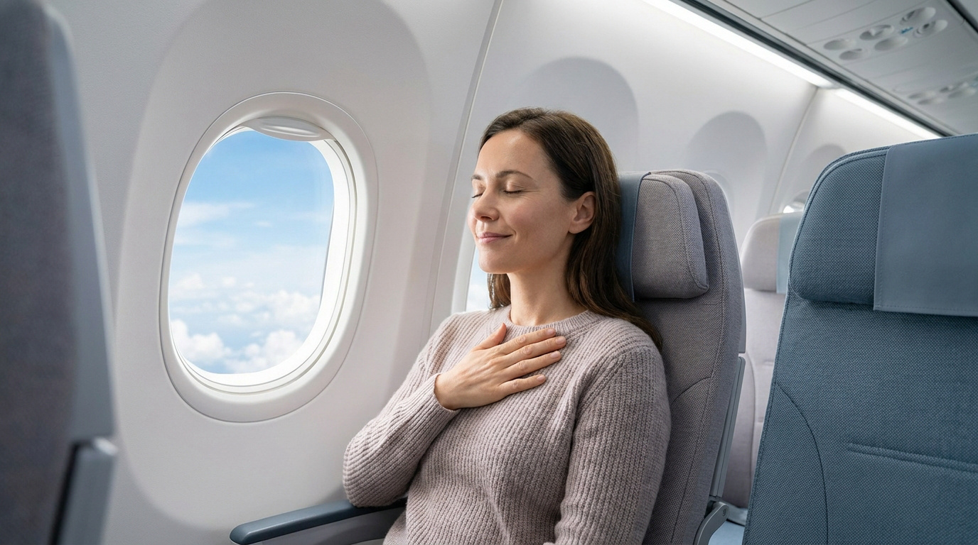 Une femme détendue dans un avion, la main sur le cœur, près du hublot avec une vue sur les nuages.