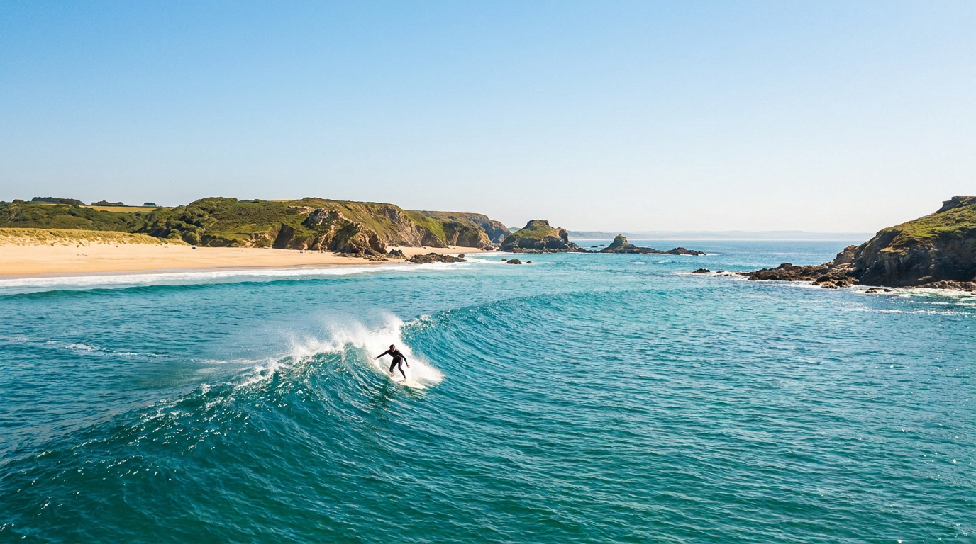 Un surfeur en combinaison glisse sur une belle vague turquoise devant une plage bordée de falaises verdoyantes.