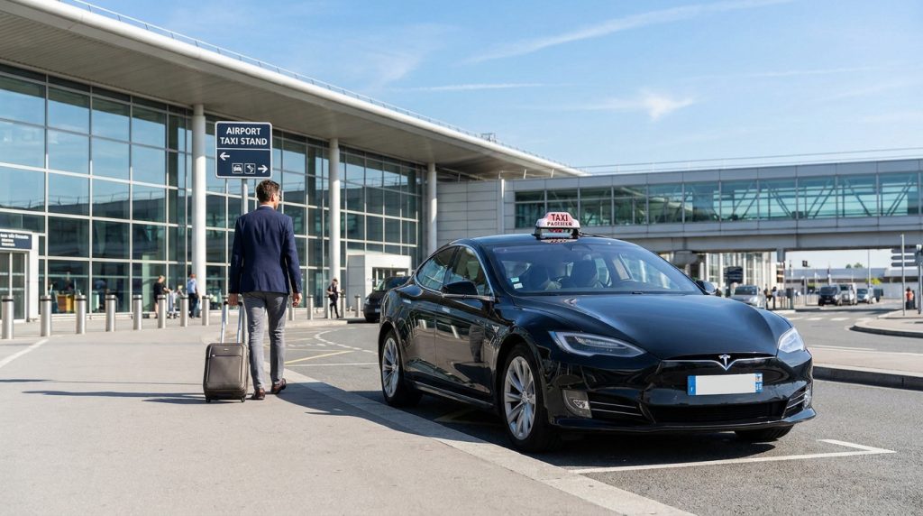Un homme d'affaires avec une valise se dirige vers une Tesla servant de taxi devant l'aéroport d'Orly.