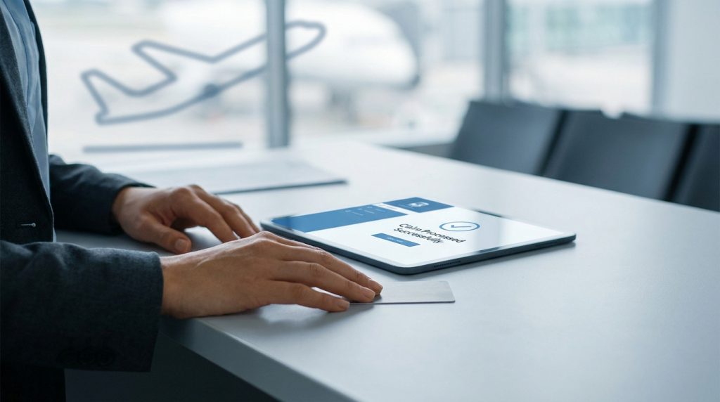 Une personne utilisant une tablette pour confirmer une demande d'indemnisation de vol dans un aéroport.