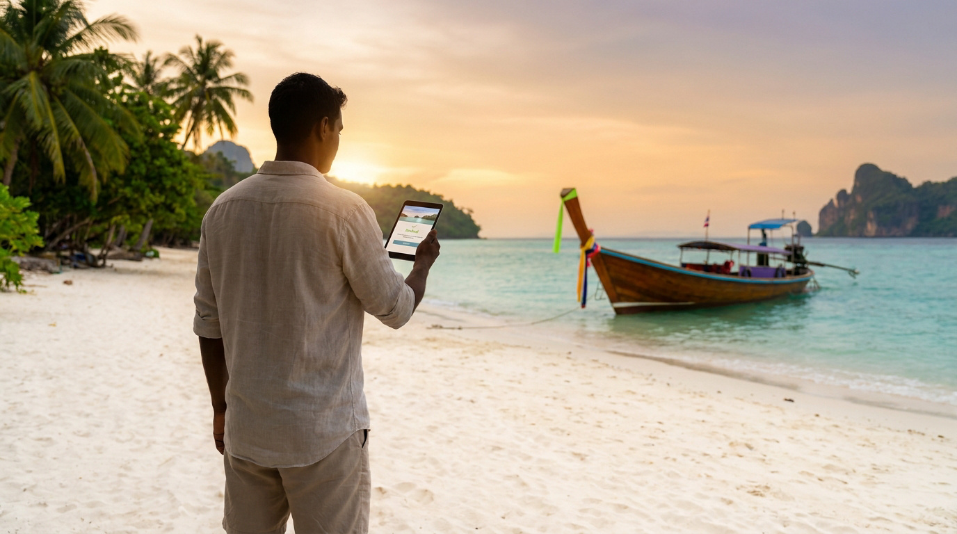 Un homme sur une plage thaïlandaise regarde sa tablette confirmant une réservation de vol au coucher du soleil.