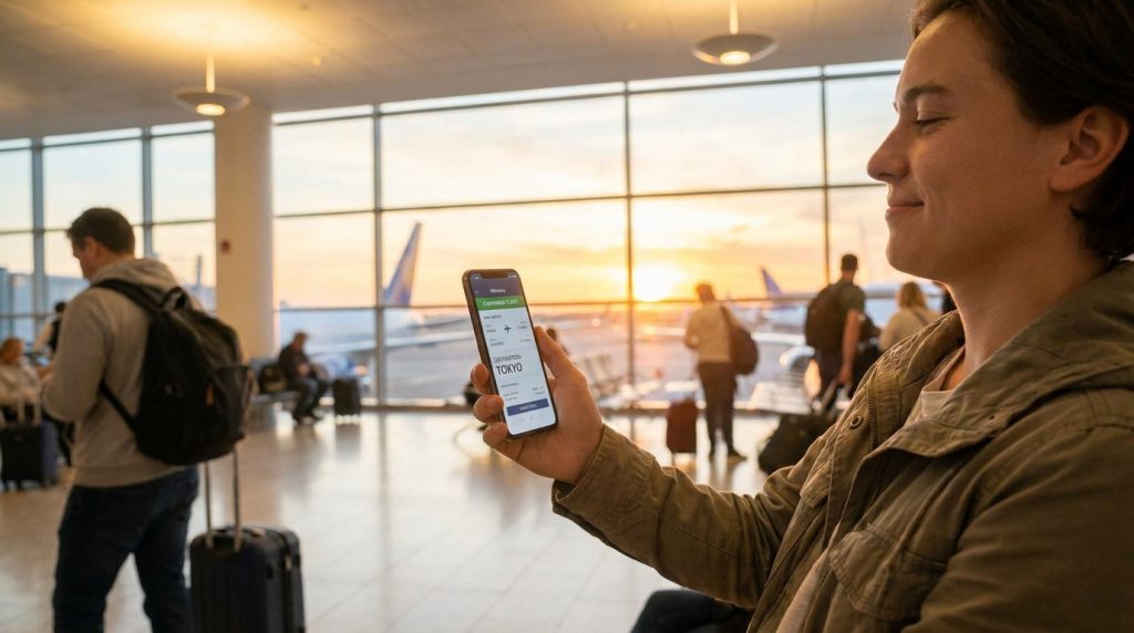Voyageur souriant à l'aéroport tenant un smartphone affichant un billet pour Tokyo devant une baie vitrée au coucher du soleil.