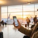 Voyageur souriant à l'aéroport tenant un smartphone affichant un billet pour Tokyo devant une baie vitrée au coucher du soleil.