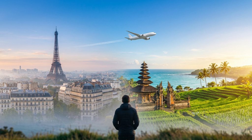 Une personne regarde un montage juxtaposant la tour Eiffel à Paris et un paysage tropical de rizières et de temple à Bali.