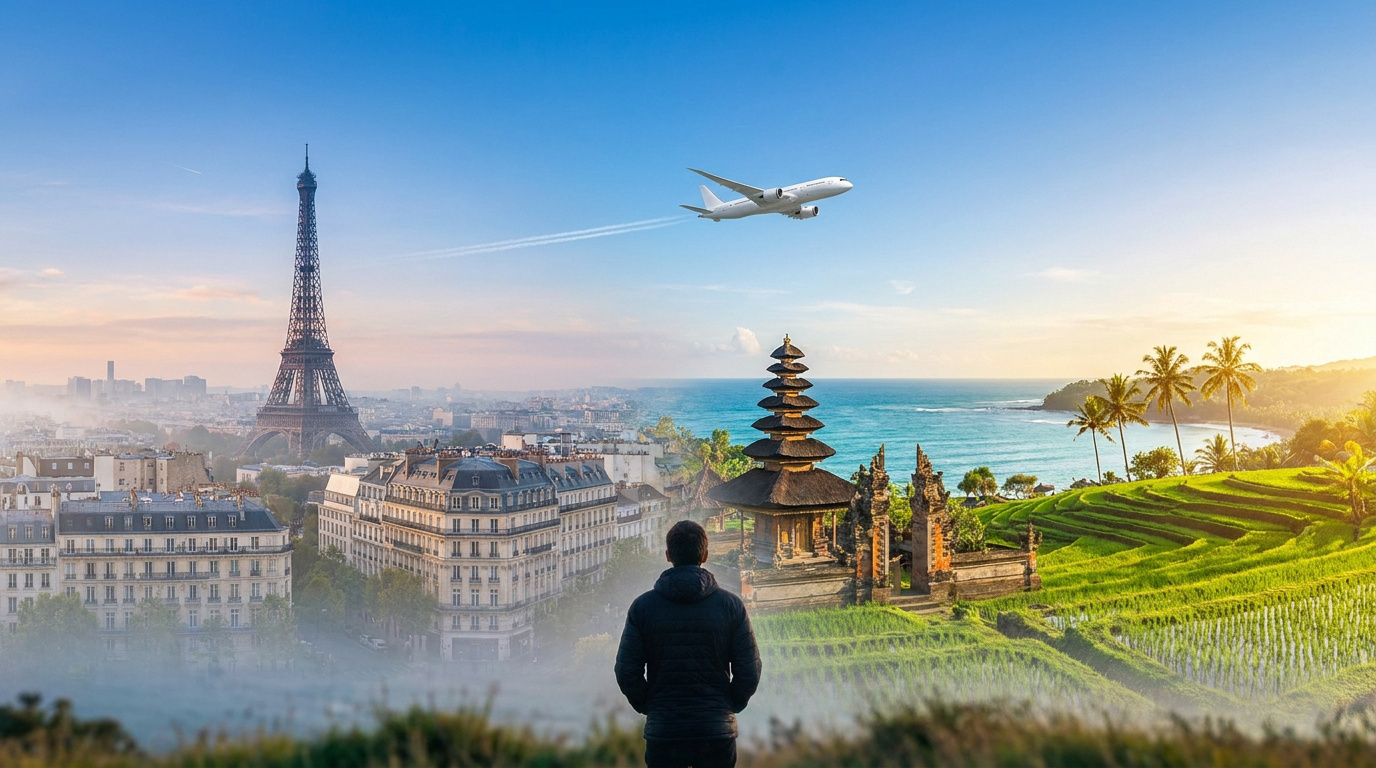 Une personne regarde un montage juxtaposant la tour Eiffel à Paris et un paysage tropical de rizières et de temple à Bali.