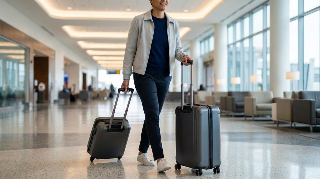 Voyageur souriant marchant dans un aéroport moderne avec deux valises à roulettes.